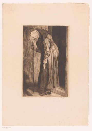Old woman leaning on a stick in a doorway