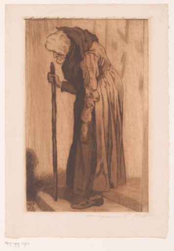 Old woman leaning on a stick in a doorway