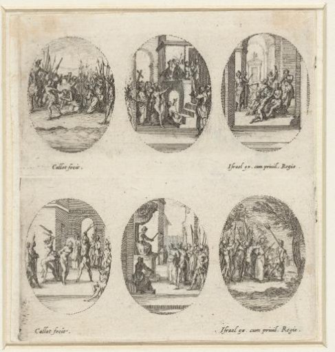 Six Passion Scenes: The Carrying of the Cross, Christ Shown to the People (Ecce Homo), The Crowning with Thorns, The Scourging of Christ, Christ Before Pilate, The Arrest of Christ