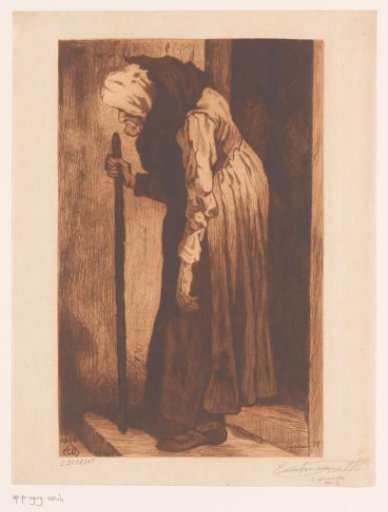 Old woman leaning on a stick in a doorway