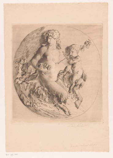 Female satyr and satyr child with spinning wheel