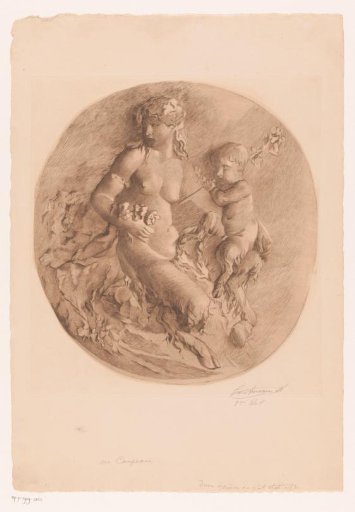 Female satyr and satyr child with spinning wheel
