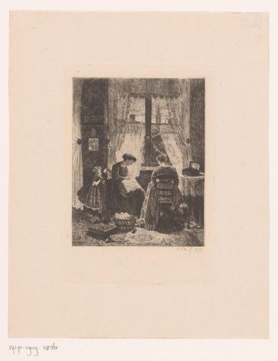 Two children and two women embroidering sit in front of a window while a man with an umbrella passes by outside in the rain