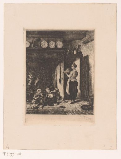Mother with two playing children in the kitchen