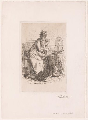 Child on mother's lap looking at the birdcage on the table