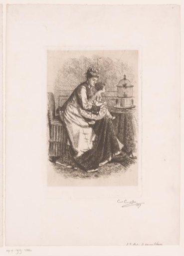 Child on mother's lap looking at the birdcage on the table