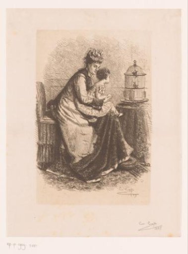 Child on mother's lap looking at the birdcage on the table