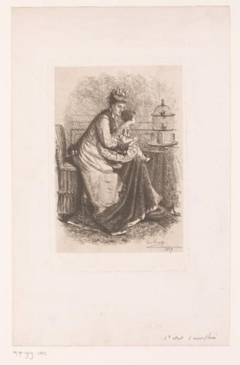 Child on mother's lap looking at the birdcage on the table