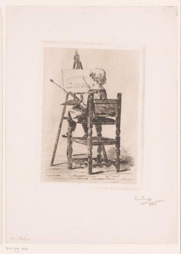Girl in front of an easel drawing a steam train