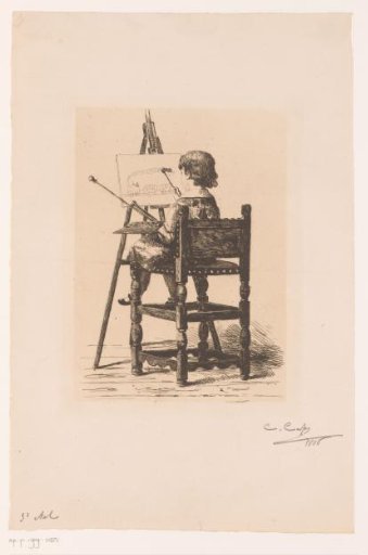 Girl in front of an easel drawing a steam train
