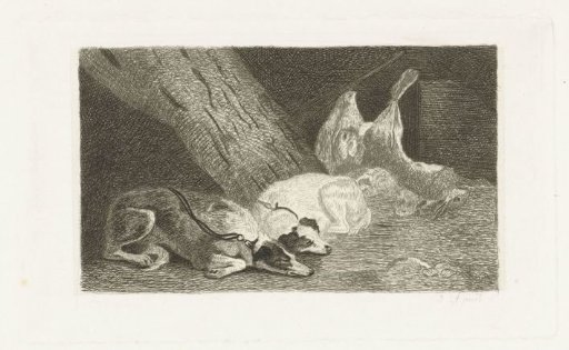 Two dogs rest by the hunt's spoil