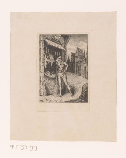 Man in a medieval town in front of a butcher's shop