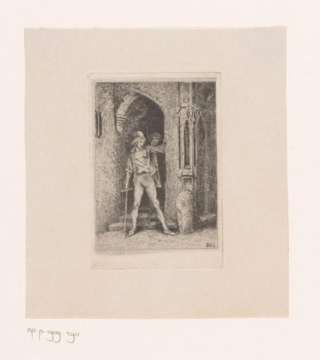Two men with drawn swords at the bottom of a staircase