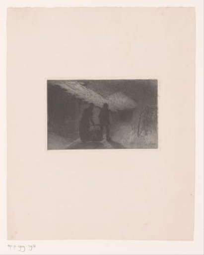 Winter night landscape with a man and a woman carrying a large cauldron