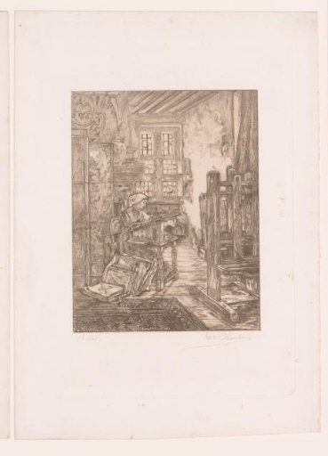 Interior with a young woman at a writing desk