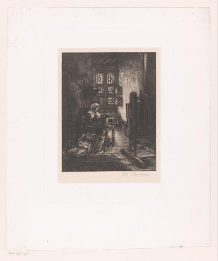 Interior with a young woman at a writing desk