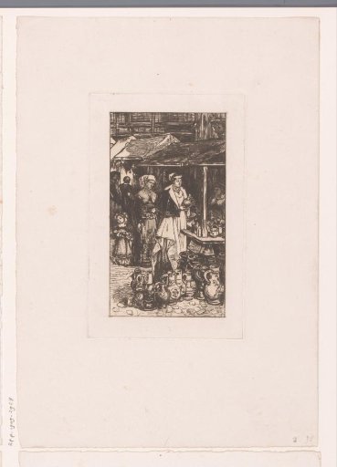 Two women at a market stall with ceramics