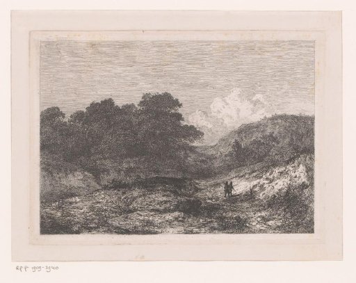 Hilly landscape with woodland and two figures