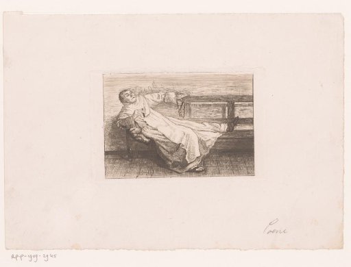 Monk lying on a bench with rosary and cigar in his hands