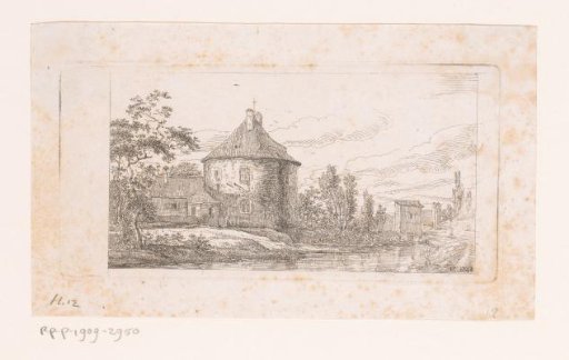 Landscape with a round building by the water
