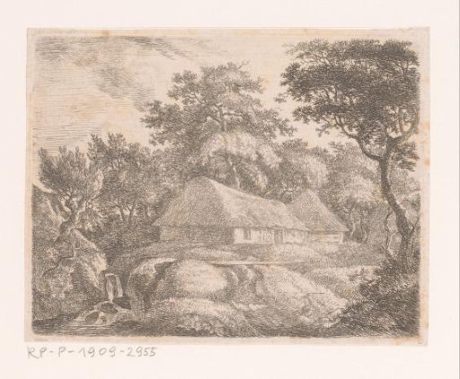 Landscape with a waterfall and a farm