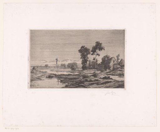 Water-rich landscape with a farm and haystacks