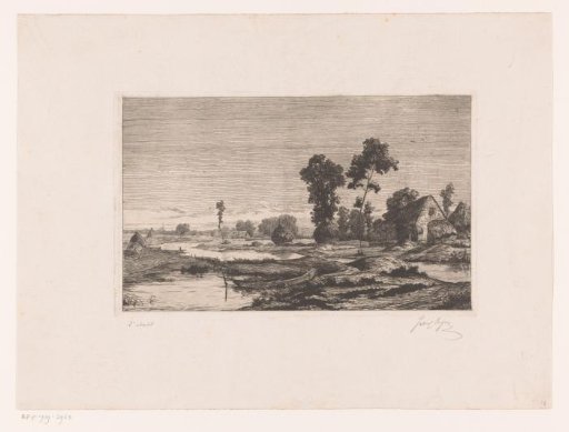 Water-rich landscape with a farm and haystacks