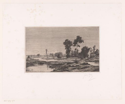 Water-rich landscape with a farm and haystacks