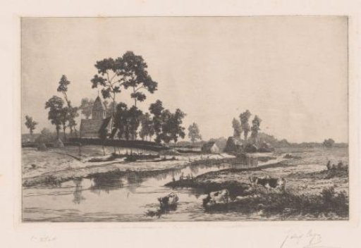 Watery landscape with a church and cows along the bank