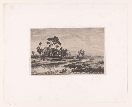 Watery landscape with a church and cows along the bank