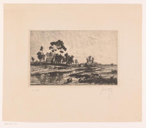 Watery landscape with a church and cows along the bank