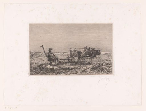Peasants in the field with a plough and two oxen