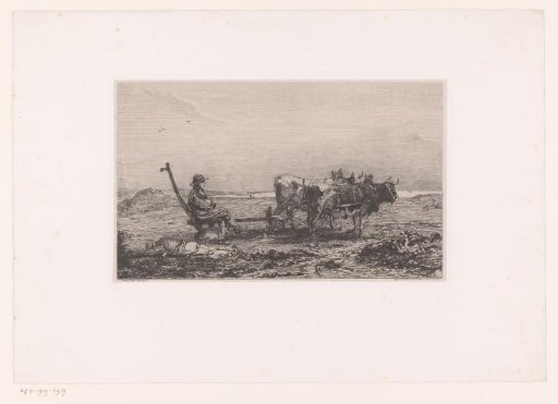 Peasants in the field with a plough and two oxen