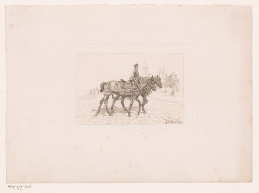 Rider with two horses on the beach with a church in the background