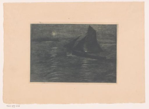 Sailing ship near the coast in the dark