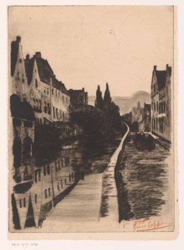 Two figures walking along a city canal