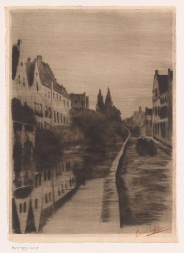 Two figures walking along a city canal