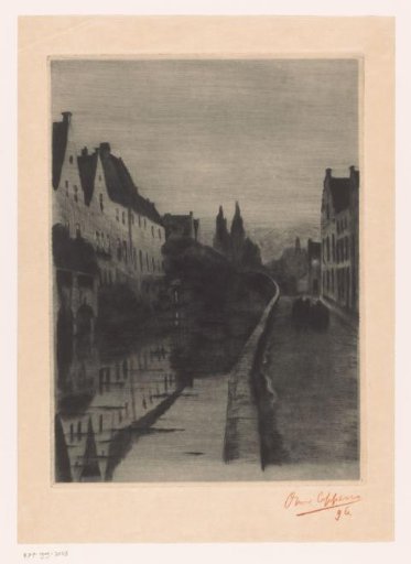 Two figures walking along a city canal