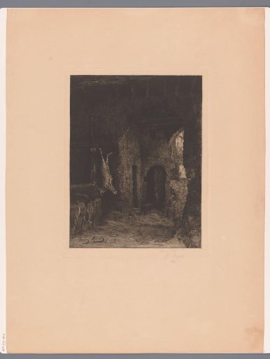 View of dilapidated buildings with a hanging animal