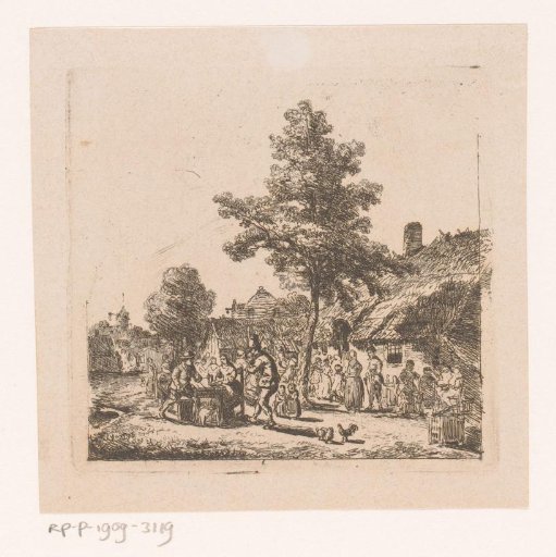 Village view with a large company on a square