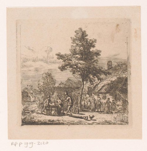 Village view with a large company on a square
