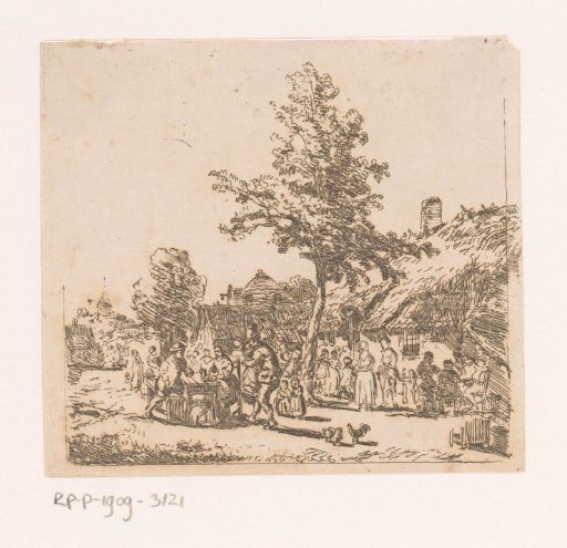Village view with a large company on a square