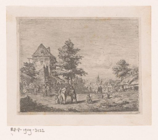 Village View with Many People on the Street and a Church in the Background