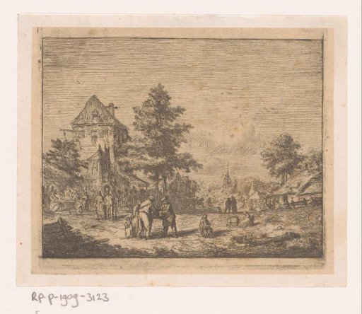 Village View with Many People on the Street and a Church in the Background