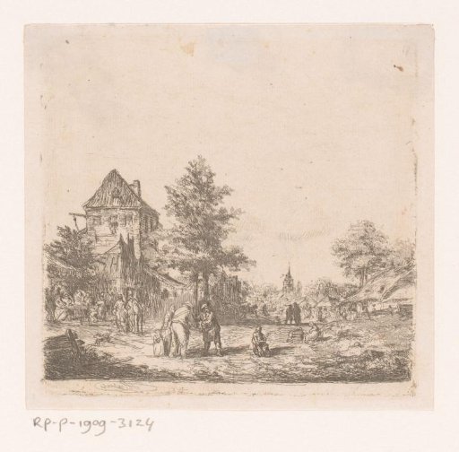 Village View with Many People on the Street and a Church in the Background