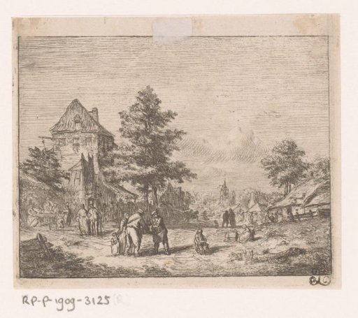 Village View with Many People on the Street and a Church in the Background