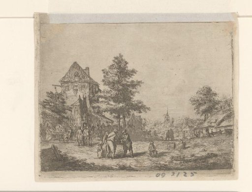Village Scene with Many People on the Street and a Church in the Background