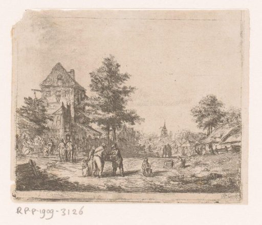 Village View with Many People on the Street and a Church in the Background