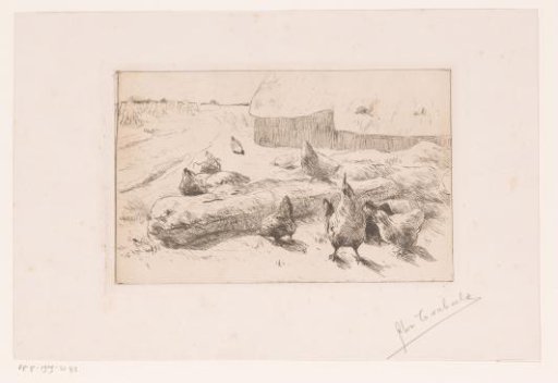 Chickens near a fallen tree trunk