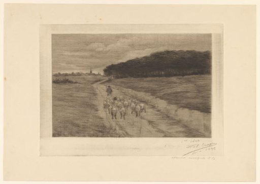 Flock of Sheep with Shepherd on a Heath Road